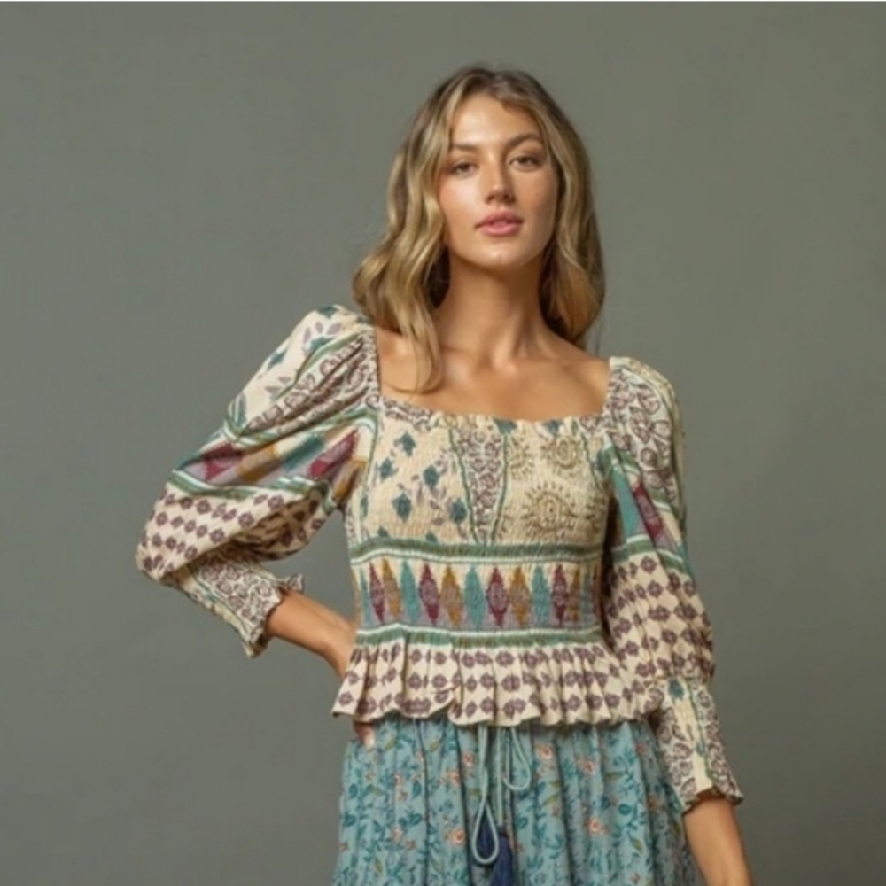 Z&L Europe Isis Smocked Patchwork Peplum Milkmaid‎ Top Small NWT